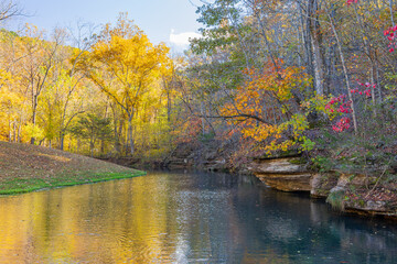 Sunny view of the beautiful autumn landscape in Dogwood Canyon Nature Park