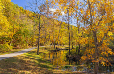 Sunny view of the beautiful autumn landscape in Dogwood Canyon Nature Park