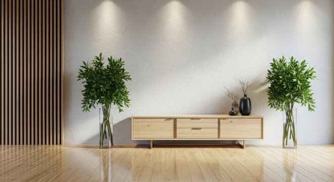 Modern living room interior design with wooden console and green plants elegant home decor
