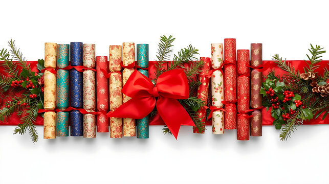 Festive Christmas Party Table Setting with Crackers Holly and Red Ribbon Runner on White Background