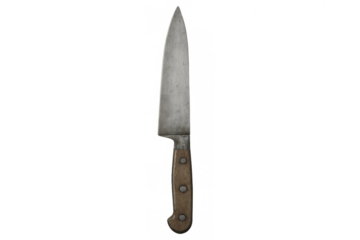 Chef's knife with dull blade and worn wooden handle, ready for kitchen prep or cooking, against a transparent background