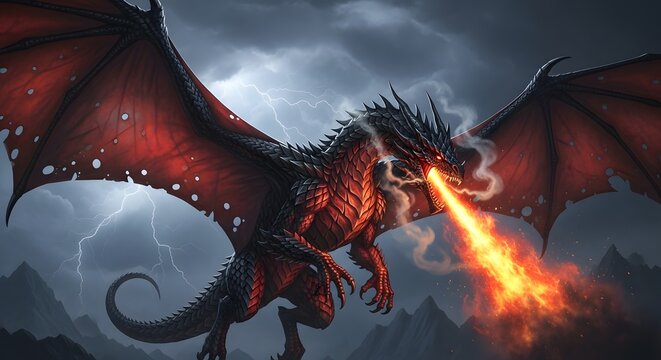 A fierce dragon with large wings and sharp claws breathing fire against a stormy sky with lightning illuminating the background