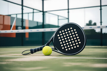 Padel tennis racket. Background with copy space. Sport court and ball.