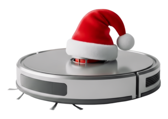 Automatic Robot Vacuum Cleaner Wearing a Red Santa Claus Hat