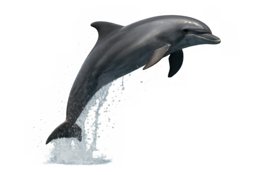 Bottlenose dolphin jumping out of water with arching body, showing graceful movement and marine life energy on transparent background