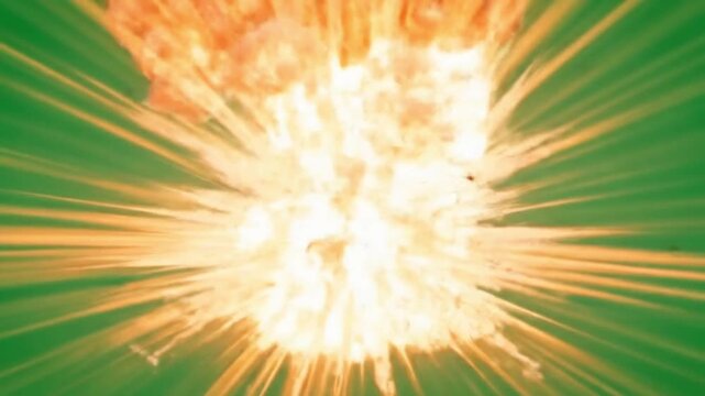 Dynamic explosion with vibrant flames and billowing smoke against a green screen, perfect for visual effects or dramatic content