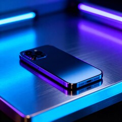 Modern smartphone on a metallic surface with blue and purple neon lights