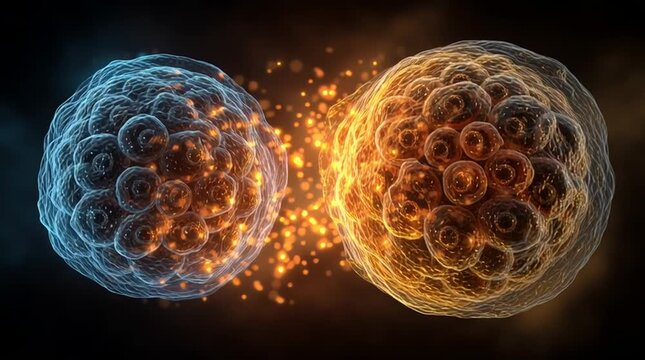 microscopic visualization of an early cellular process, showing two spherical organic forms exchanging glowing light patterns and information, with photoreal textures and scientific realism.