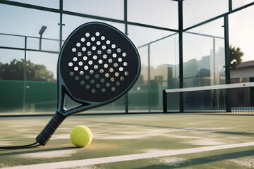 Padel tennis racket. Background with copy space. Sport court and ball.