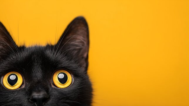 Intense gaze of black cat with bright yellow eyes on vibrant background