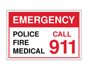 Emergency Contact Sign with 911 Number for Police, Fire, and Medical Services, Safety Instruction Poster, Red and White Warning Sign for Public Safety Awareness and Emergency Preparedness Stock Photo