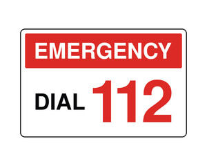 Emergency Contact Sign with Dial 112 Number, Red and White Safety Poster for Police, Fire, and Medical Services, Clear Emergency Call Guidance for Public Safety and Workplace Compliance Stock Photo