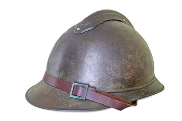 Antique helmet with brow guard, rounded top, rivets, dark patina, no text, angled perspective, nondescript background