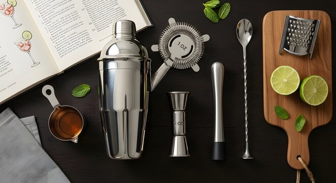 A collection of bartending tools and ingredients arranged on a dark surface for cocktail preparation and mixology