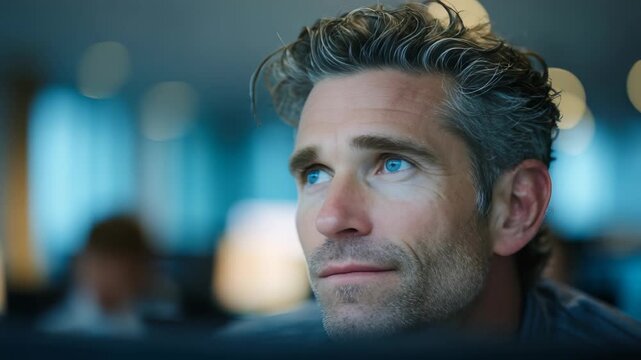 A stylish mature man with gray hair and stubble looks inspired and focused, surrounded by a blurred contemporary workspace. The atmosphere suggests ambition and creative thinking