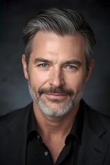 Fototapeta premium Dramatic studio portrait of a confident mature man with salt-and-pepper hair, sharp facial features, and a composed expression, captured in low-key lighting that emphasizes depth, character, and refin