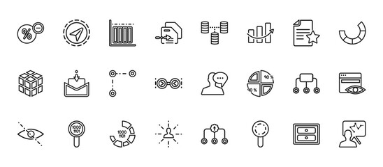 24 set of outline web user interface icons such as flying origami airplane, data interconnected, mail inbox, connected data flow chart, user data analytics vector thin icons for report,