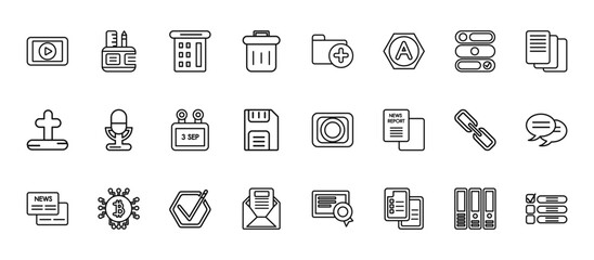 24 set of outline web user interface icons such as office material, add folder button, voice message microphone button, link button, letter envelope vector thin icons for report, presentation,