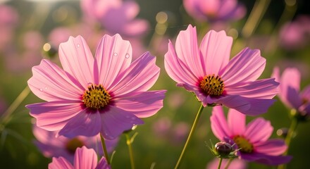 A close up shot of a field of pink cosmos flowers in bloom under the bright sunlight in a garden