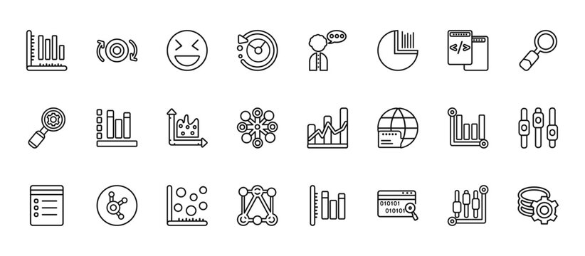 24 set of outline web user interface icons such as data looping interface, user data speech interface, vertical data bars, analytics dual bars, interconnected vector thin icons for report,