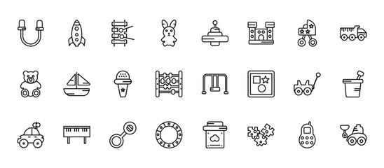 24 set of outline web toys icons such as rocket toy, spinning toy, boat toy, cart circle vector thin icons for report, presentation, diagram, web design, mobile app © Digital Bazaar