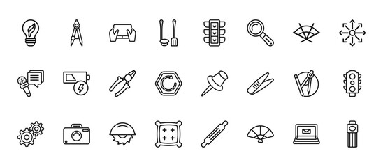 Fototapeta premium 24 set of outline web tools and utensils icons such as maths compass tool, semaphore lights, battery charging, compass mathematics tool for drawing circles, cushion vector thin icons for report,