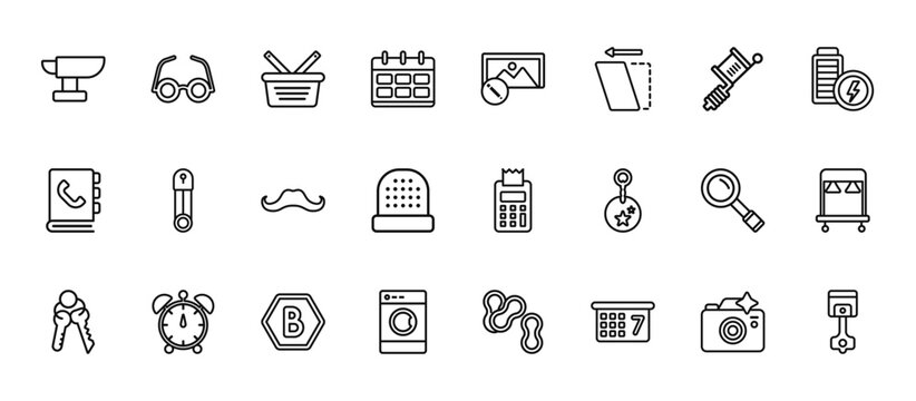 24 set of outline web tools and utensils icons such as optical, edit picture, perdible pin, magnifier, top load washer vector thin icons for report, presentation, diagram, web design, mobile app