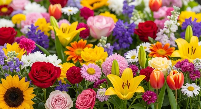A vibrant display of assorted flowers featuring roses lilies sunflowers and other colorful blooms