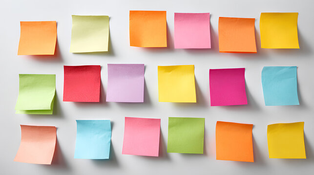 different colored sticky notes taped against wall isolated on white 