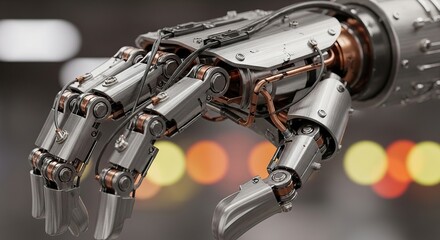 Fototapeta premium Close up of a detailed robotic hand with bokeh background