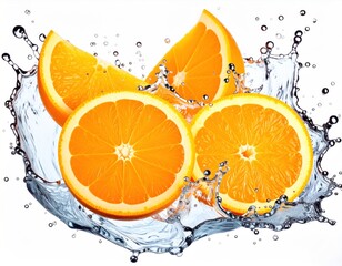 Sliced oranges in water splash, refreshing and bright