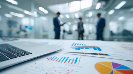 Close up of financial documents and a laptop on a desk in a bright office, with blurred businesspeople collaborating in the background. Emphasizes teamwork, analytics, and modern business trends - Powered by Adobe