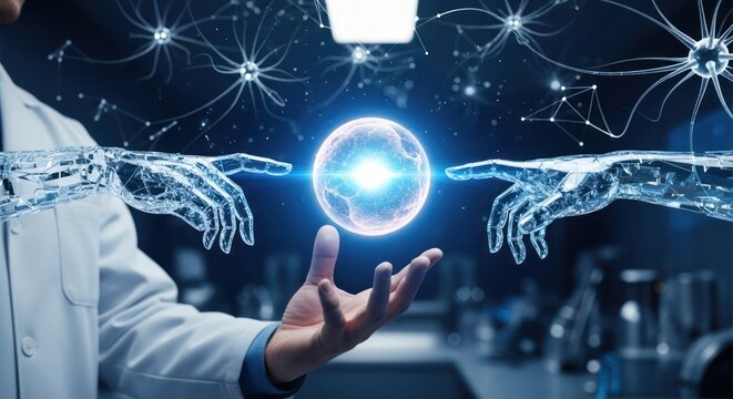 Abstract depiction of technology and human interaction with digital sphere