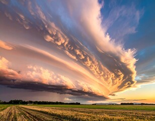 Stunning cumulonimbus clouds over a harvested wheat field at sunset