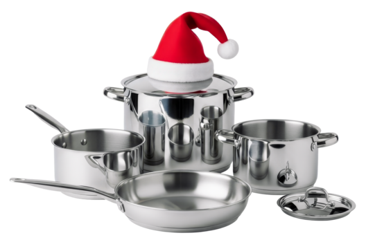 Shiny Stainless Steel Cookware Set with a Santa Claus Hat - Powered by Adobe