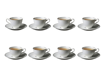 Fototapeta premium Eight elegant porcelain tea cups with tea on a transparent background. Elegant tea cup set