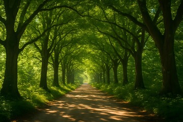 Fototapeta premium An Immersive View Down a Sunlit Green Tree Tunnel