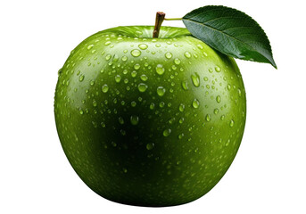 Wet green apple. Closeup of fresh green apple with water drops isolated on transparent background