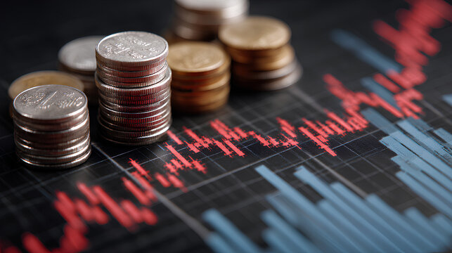 Financial investment and success market stock technology currency report. Money business financial graph diagram of coin. Financial growth data or investment market profit bar