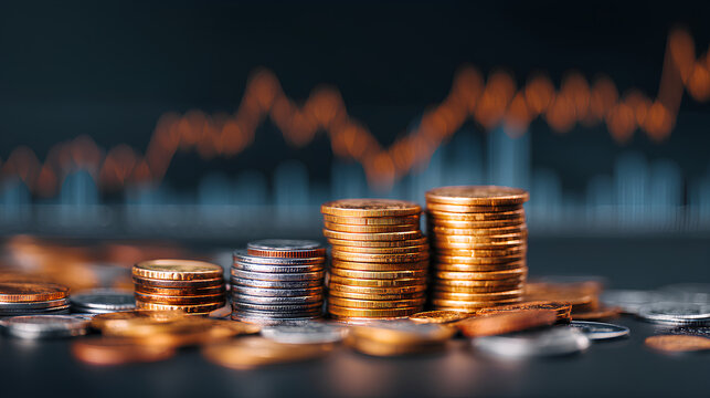 Financial investment and success market stock technology currency report. Money business financial graph diagram of coin. Financial growth data or investment market profit bar