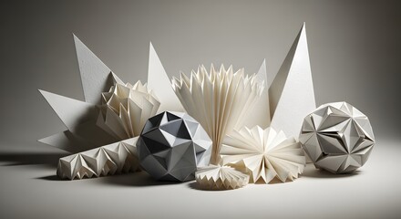 A collection of geometric paper sculptures featuring various shapes and sizes arranged on a neutral background for artistic and decorative purposes