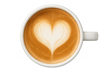 Coffee latte art in a white mug, shaping a heart of creamy foam, creating a love and warmth feeling, top view, transparent background