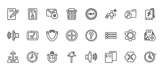 24 set of outline web user interface icons such as download archive, help web button, check box, tings cogwheel button, magic wand button vector thin icons for report, presentation, diagram, web © Digital Bazaar