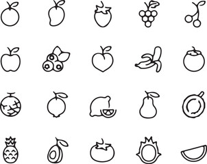 Collection of black and white fruit icons on white background apple mango 1