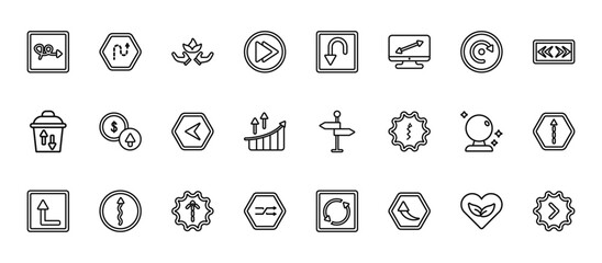 24 set of outline web user interface icons such as curved arrow with broken line, curved downward arrow, improve incomes, psychic, crossover vector thin icons for report, presentation, diagram, web