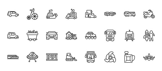 24 set of outline web transport icons such as old bicycle, car charging, minerals, suitcase cart, excavate vector thin icons for report, presentation, diagram, web design, mobile app