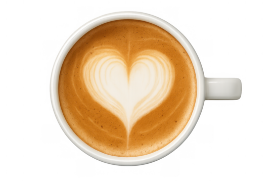 Coffee latte art in a white mug, shaping a heart of creamy foam, creating a love and warmth feeling, top view, transparent background