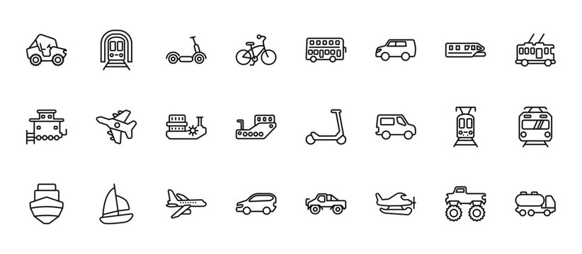 24 set of outline web transportation icons such as train in a tunnel, double decker bus, army airplane, tramway, automobile vector thin icons for report, presentation, diagram, web design, mobile