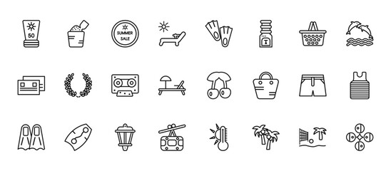 24 set of outline web summer icons such as sand bucket and shovel, fins, wreath, swimming trunks, funicular vector thin icons for report, presentation, diagram, web design, mobile app