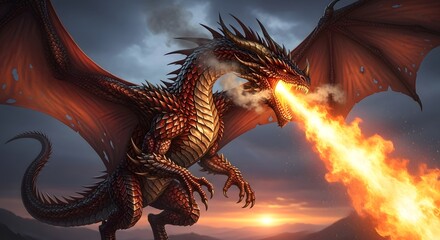A fierce dragon breathing fire with large wings spread wide against a dramatic sky during sunset